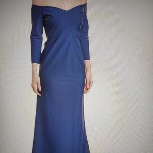 Rene Ruiz Navy Off-Shoulder Scuba Gown Rhinestone Formal Dress